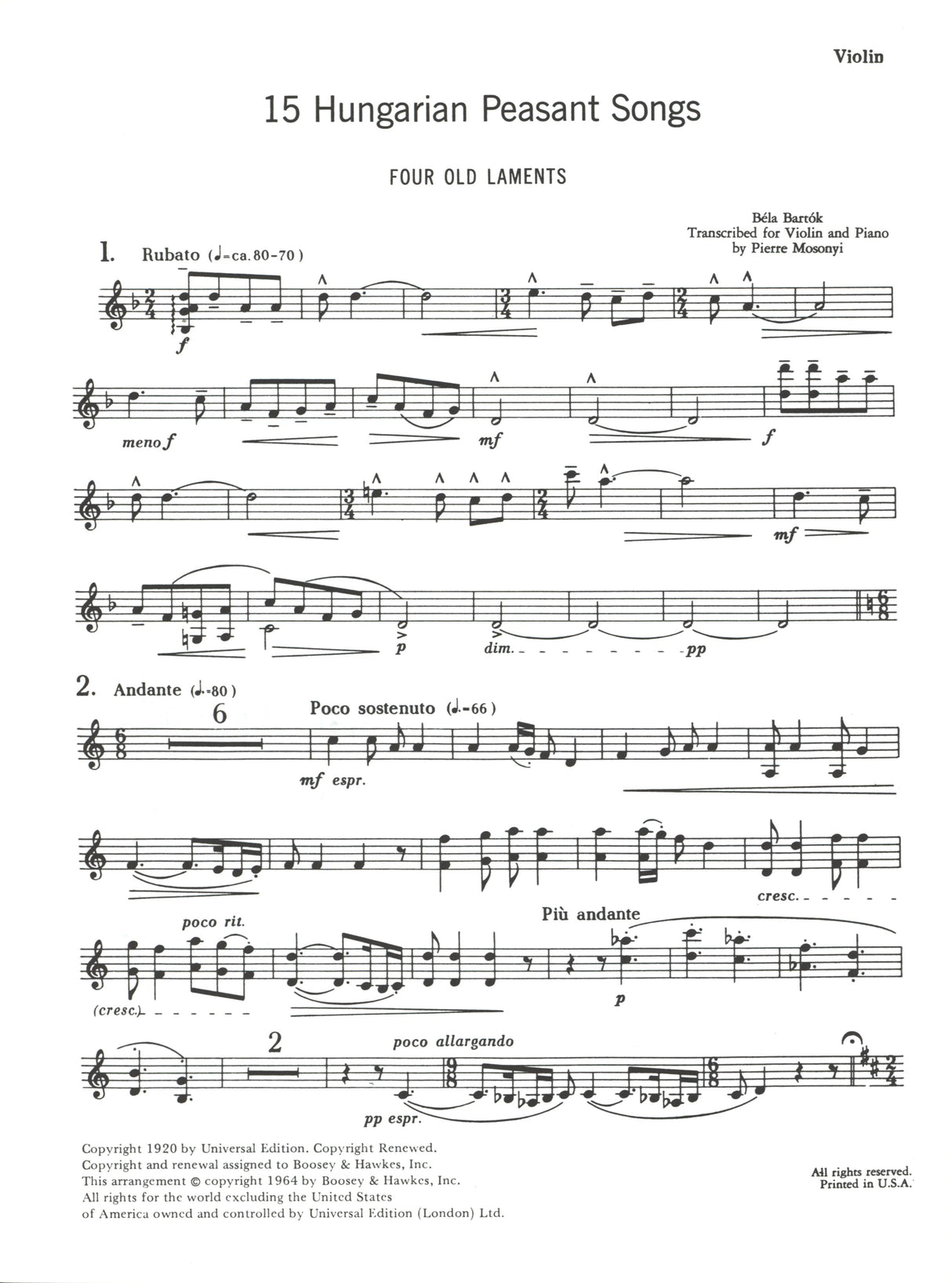 Bartók: 15 Hungarian Peasant Songs (arr. for violin & piano)