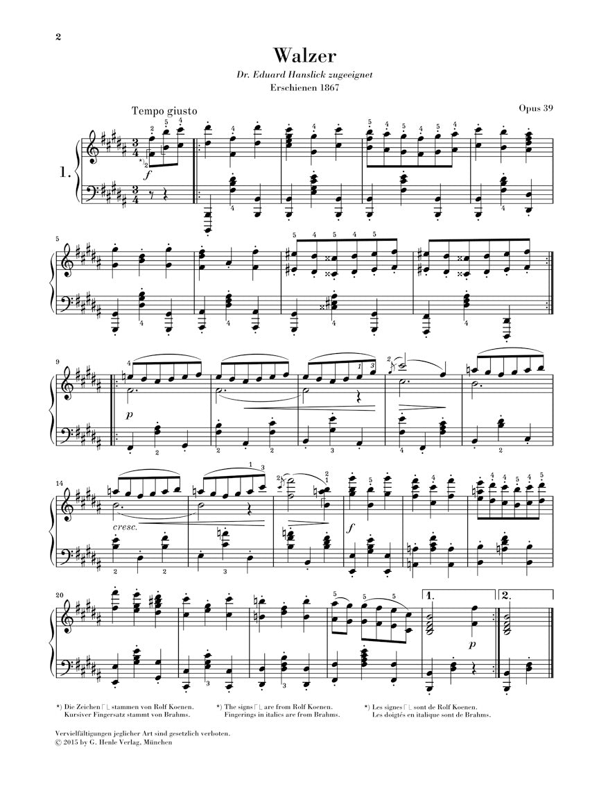 Brahms: Waltzes, Op. 39 (Solo Piano)