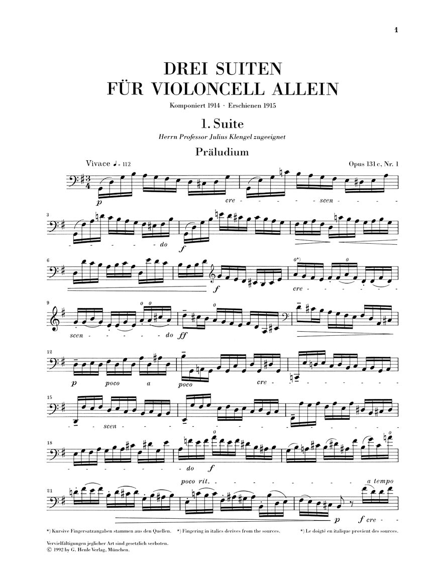 Reger: 3 Suites for Cello Solo, Op. 131c