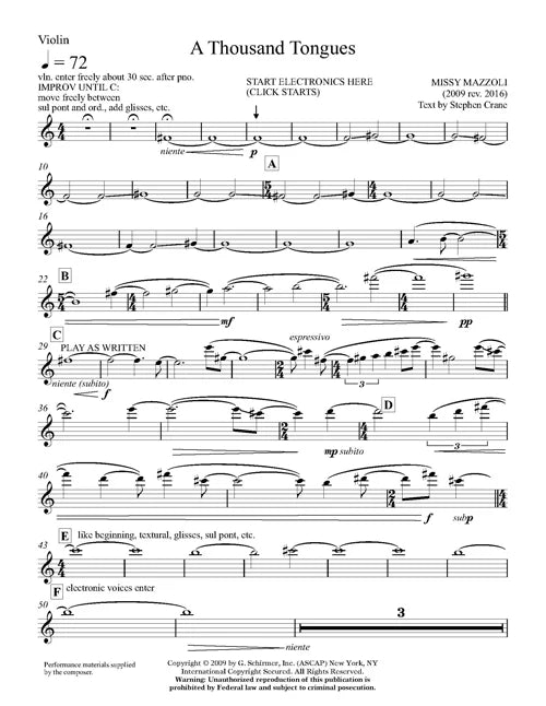 Mazzoli: A Thousand Tongues (Version for Violin, Piano, & Electronics)