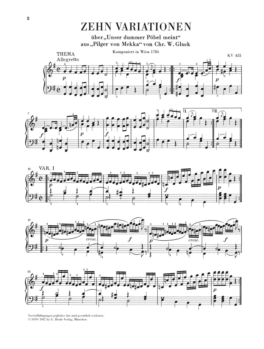 Mozart: 10 Variations on "Unser dummer Pöbel", K. 455