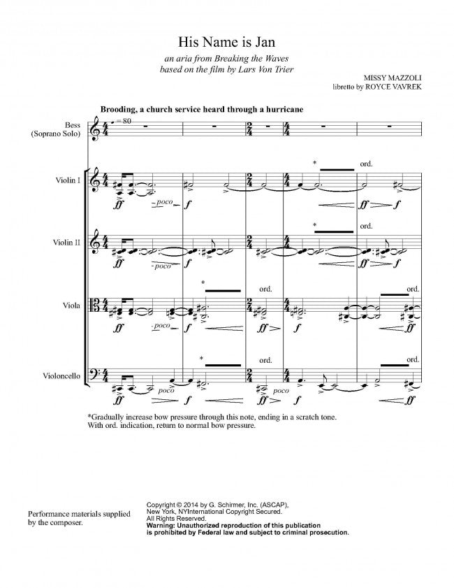 Mazzoli: His Name is Jan (Version for Soprano & String Quartet)