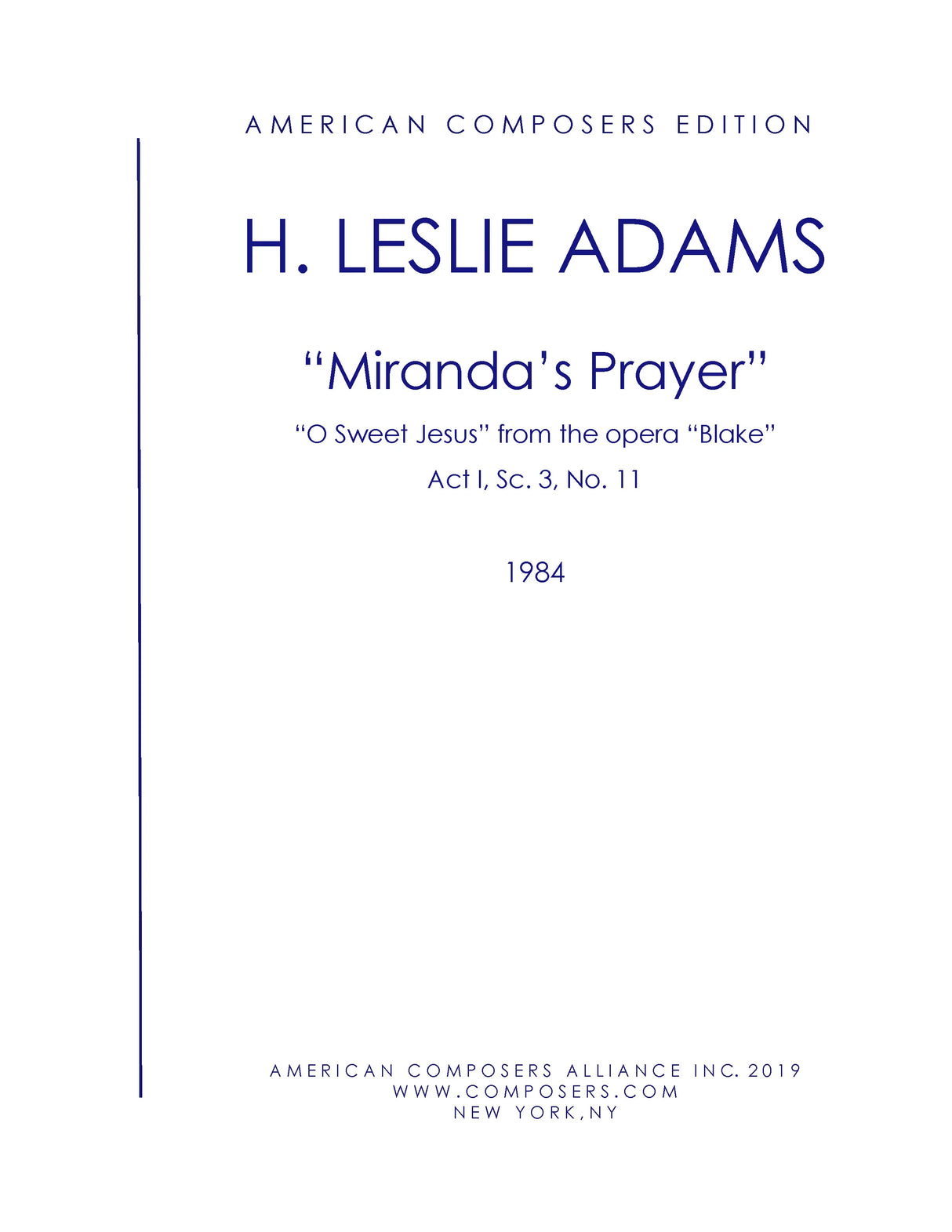 H.L. Adams: O Sweet Jesus (Miranda's Prayer)