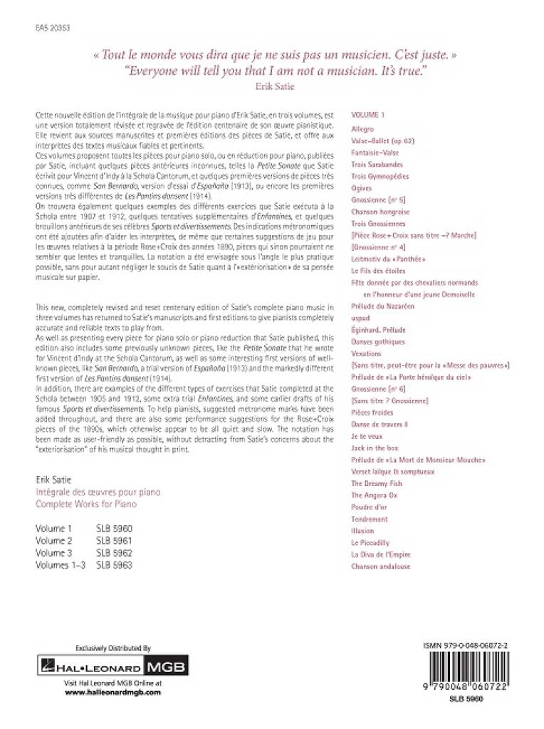 Satie: Complete Works for Piano – Volume 1