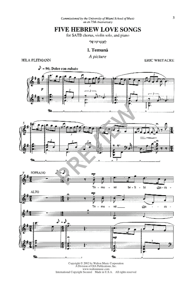 Whitacre: 5 Hebrew Love Songs (Version for SATB Choir)
