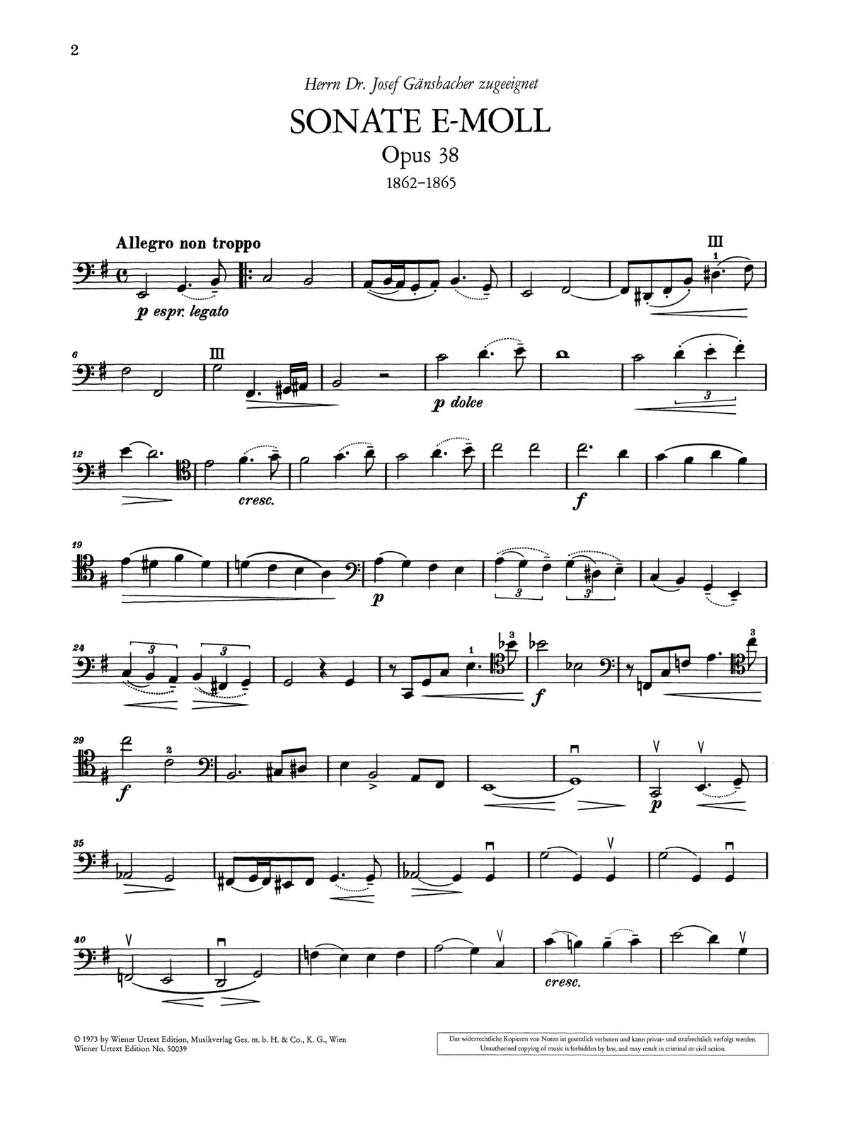 Brahms: Cello Sonata in E Minor, Op. 38