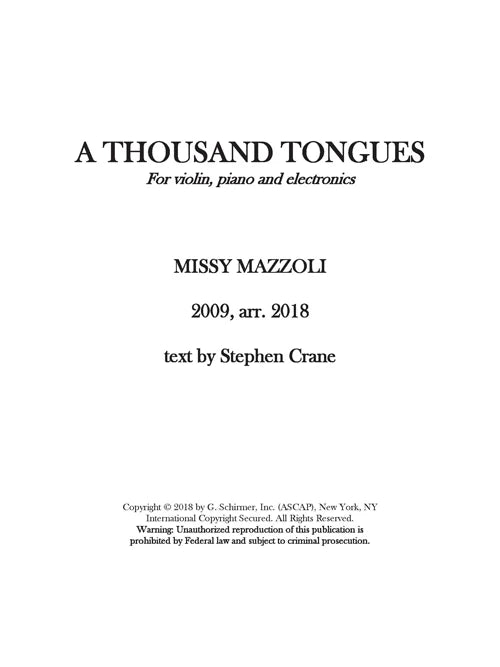 Mazzoli: A Thousand Tongues (Version for Violin, Piano, & Electronics)