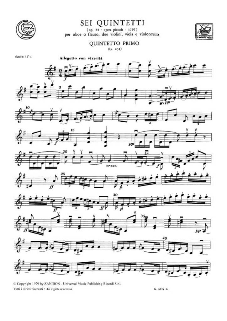 Boccherini: 6 Flute (or Oboe) Quintets, G 431-436, Op. 55