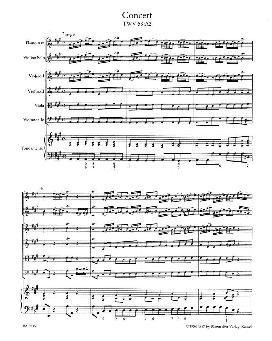 Telemann: Concerto for Flute, Violin, Cello, Strings and Basso continuo in A Major, TWV 53:A2