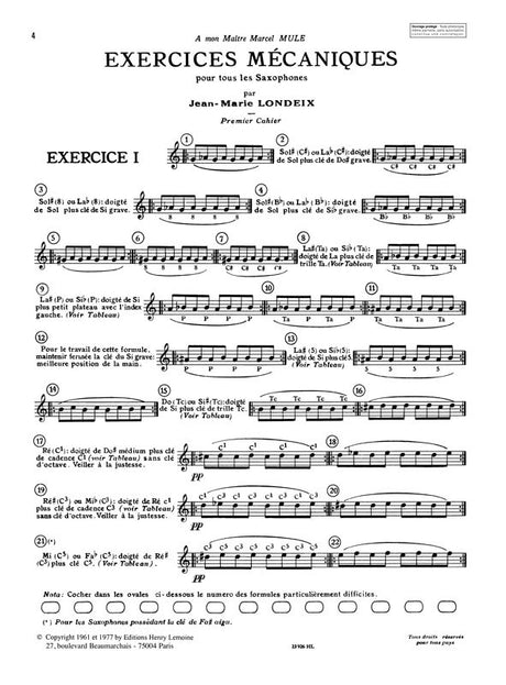Londeix: Exercices mécaniques - Volume 1