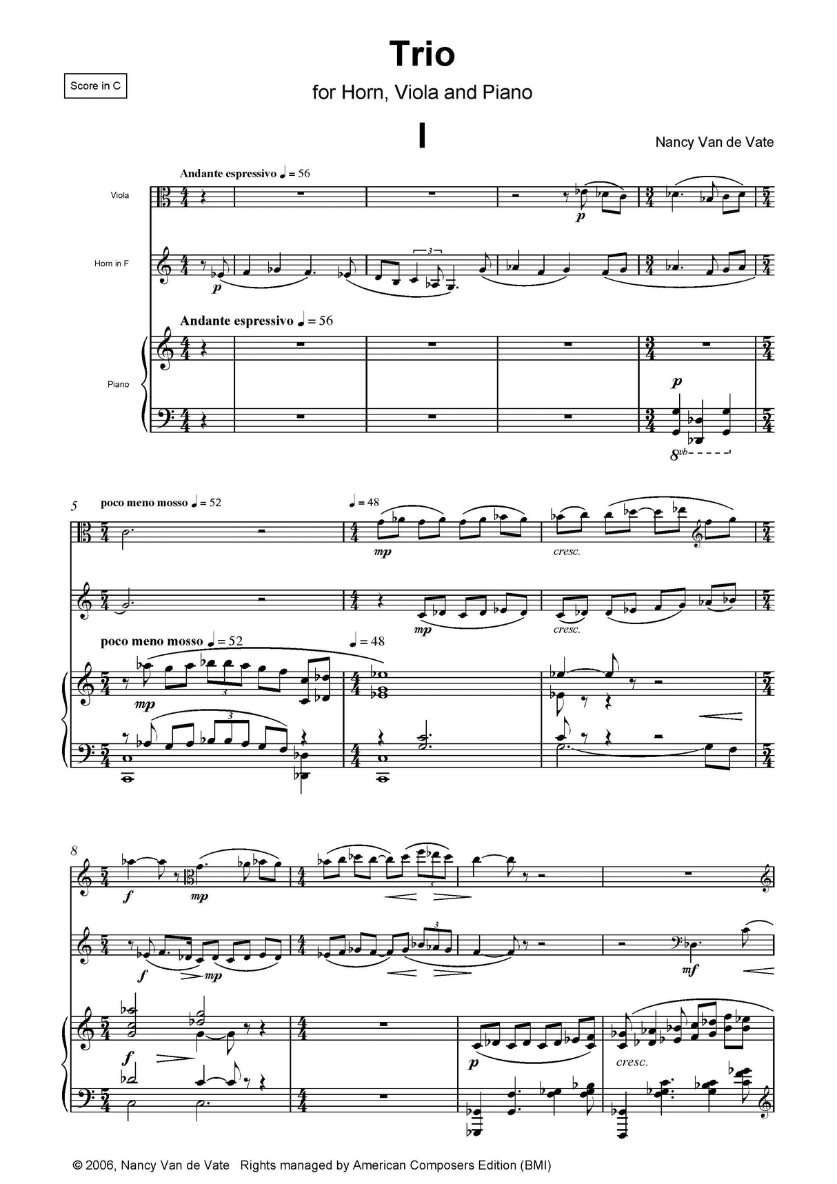 Van de Vate: Trio (Version for Horn, Viola, and Piano)