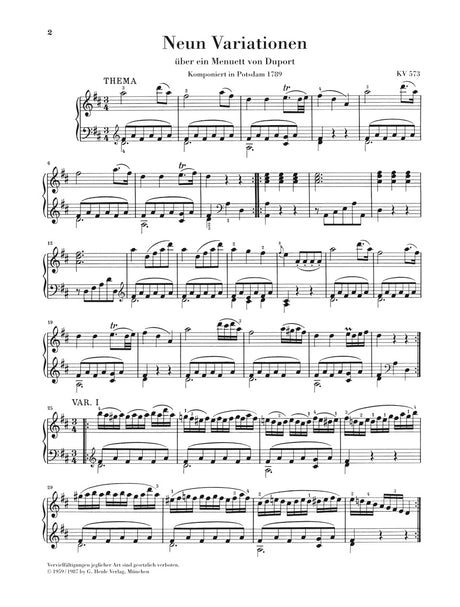 Mozart: 9 Variations on a Minuet by Duport, K. 573