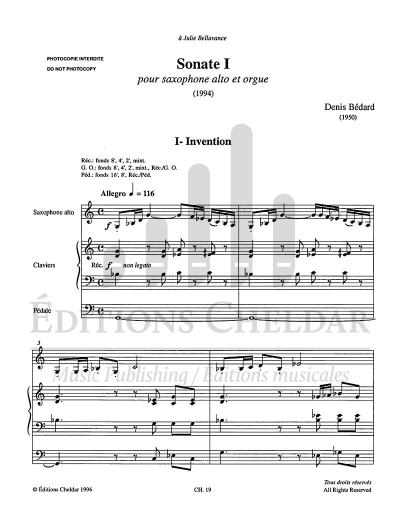 Bédard: Sonata No. 1 for Alto Saxophone and Organ