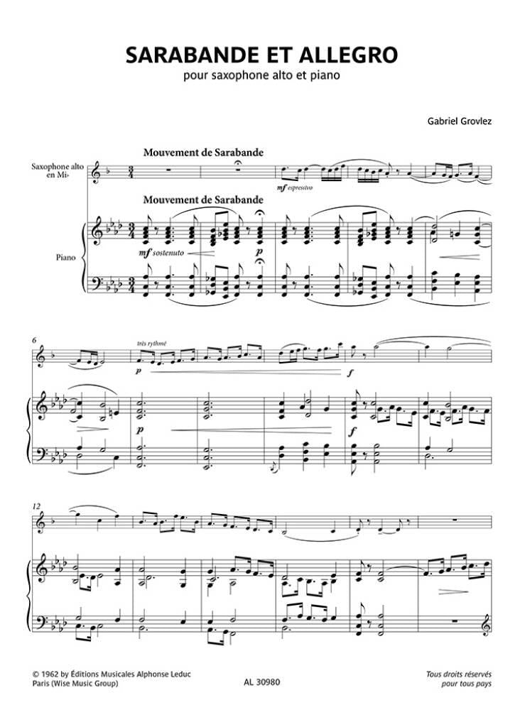 Grovlez: Sarabande et allegro (arr. for alto sax) – Ficks Music