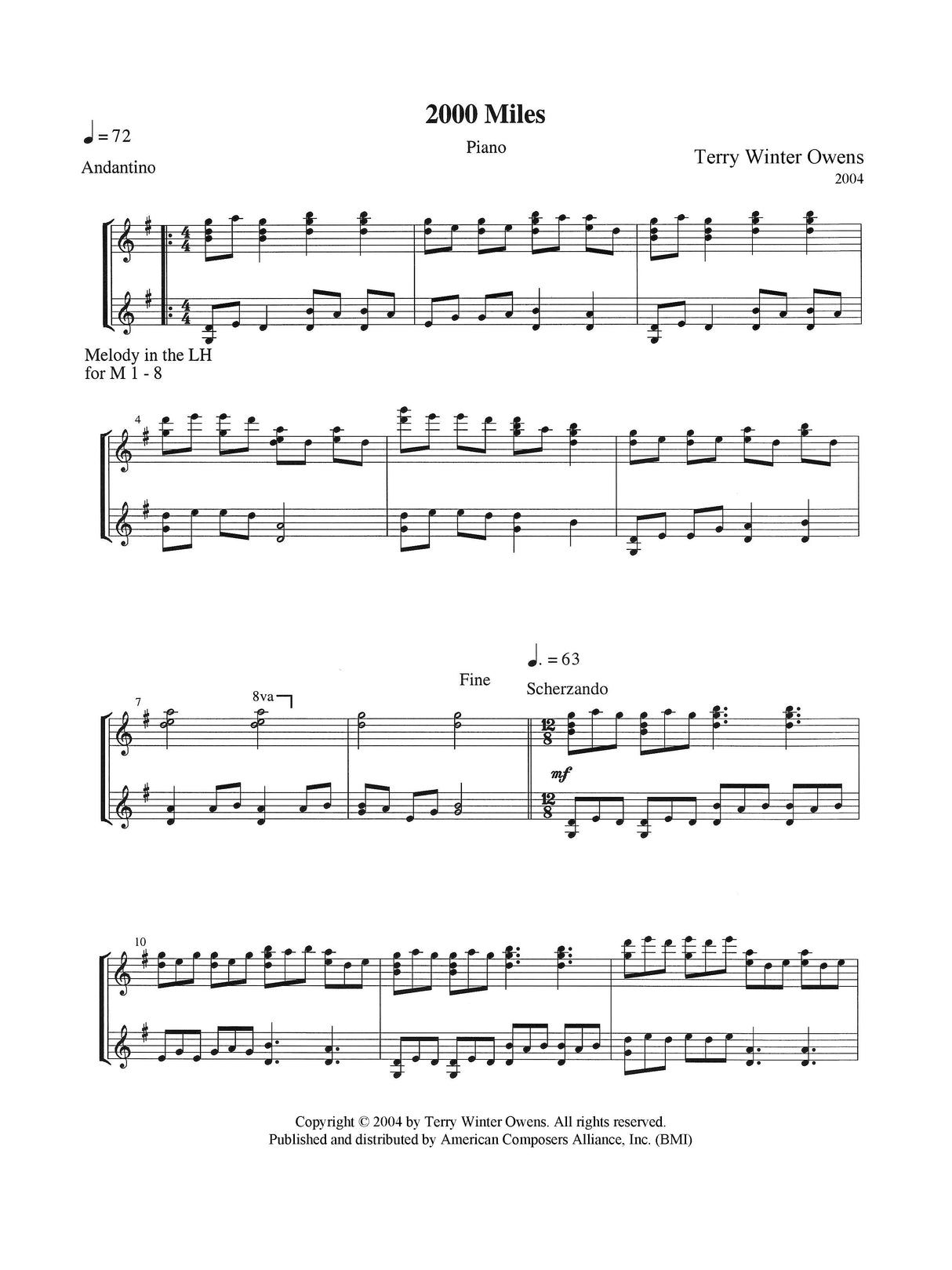 T.W. Owens: 2000 Miles (arr. for piano)