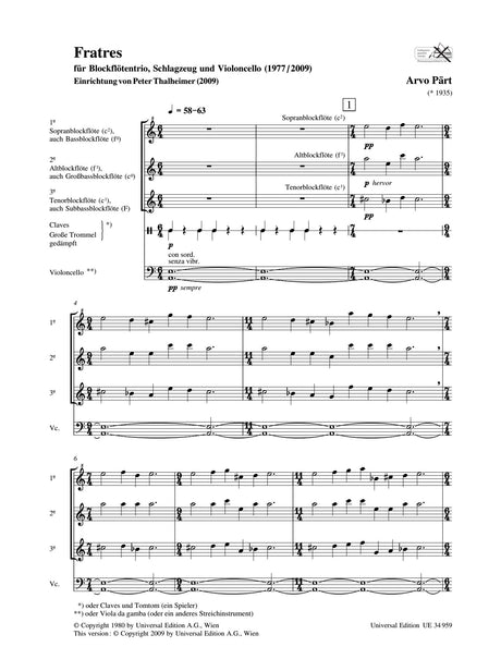 Pärt: Fratres (for recorder trio, percussion, and cello/viola da gamba)