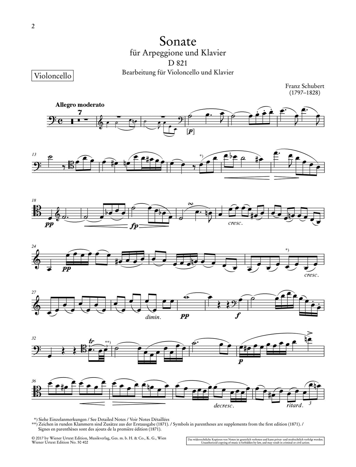 Schubert: Arpeggione Sonata, D 821 (arr. for cello)