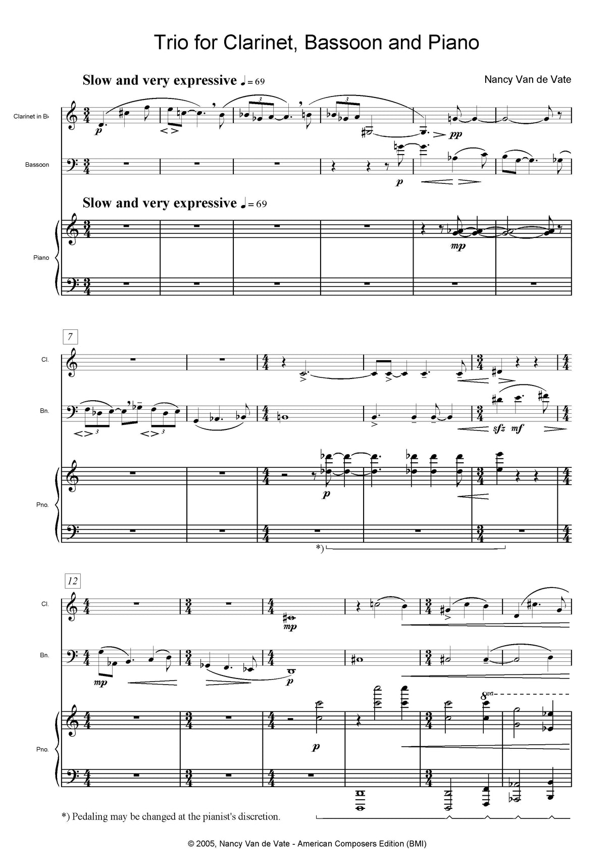 Van de Vate: Piano Trio (Version for Clarinet, Bassoon and Piano)