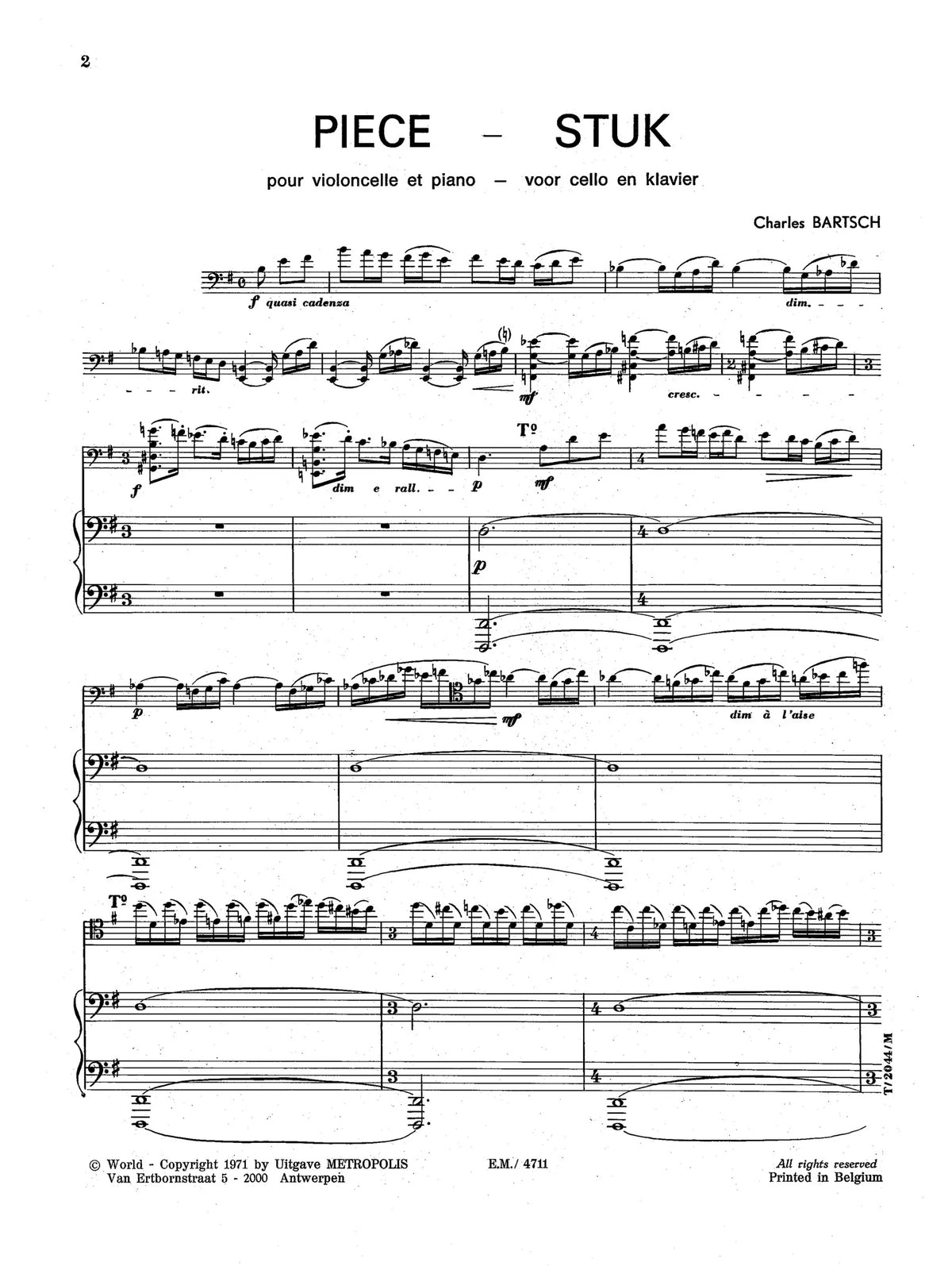 Bartsch: Pièce for Cello and Piano
