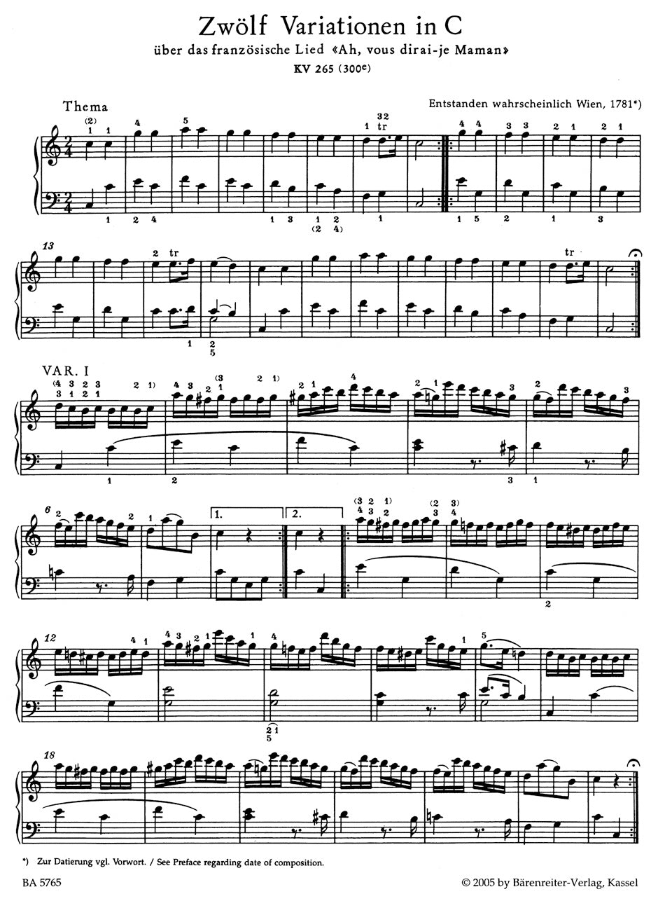 Mozart: 12 Variations on "Ah, vous dirai-je Maman", K. 265 (300e)