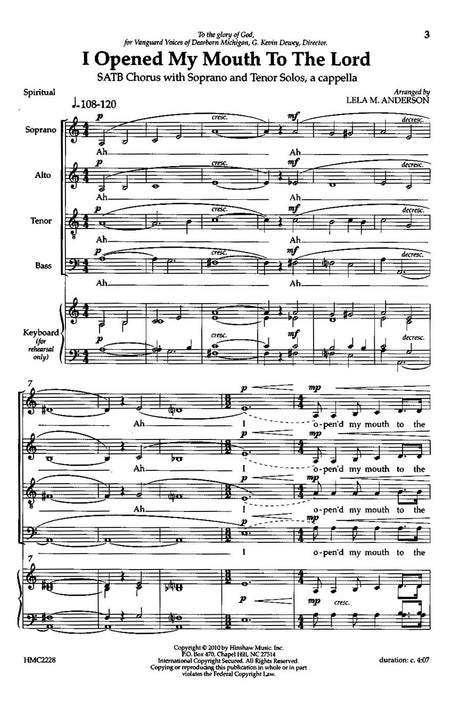I Opened My Mouth to the Lord (arr. for SATB)
