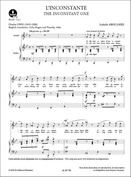 Aboulker: Mélodies pour voix et piano