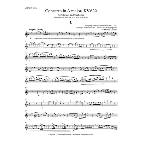 Mozart: Clarinet Concerto in A Major (arr. for clarinet and string quartet)