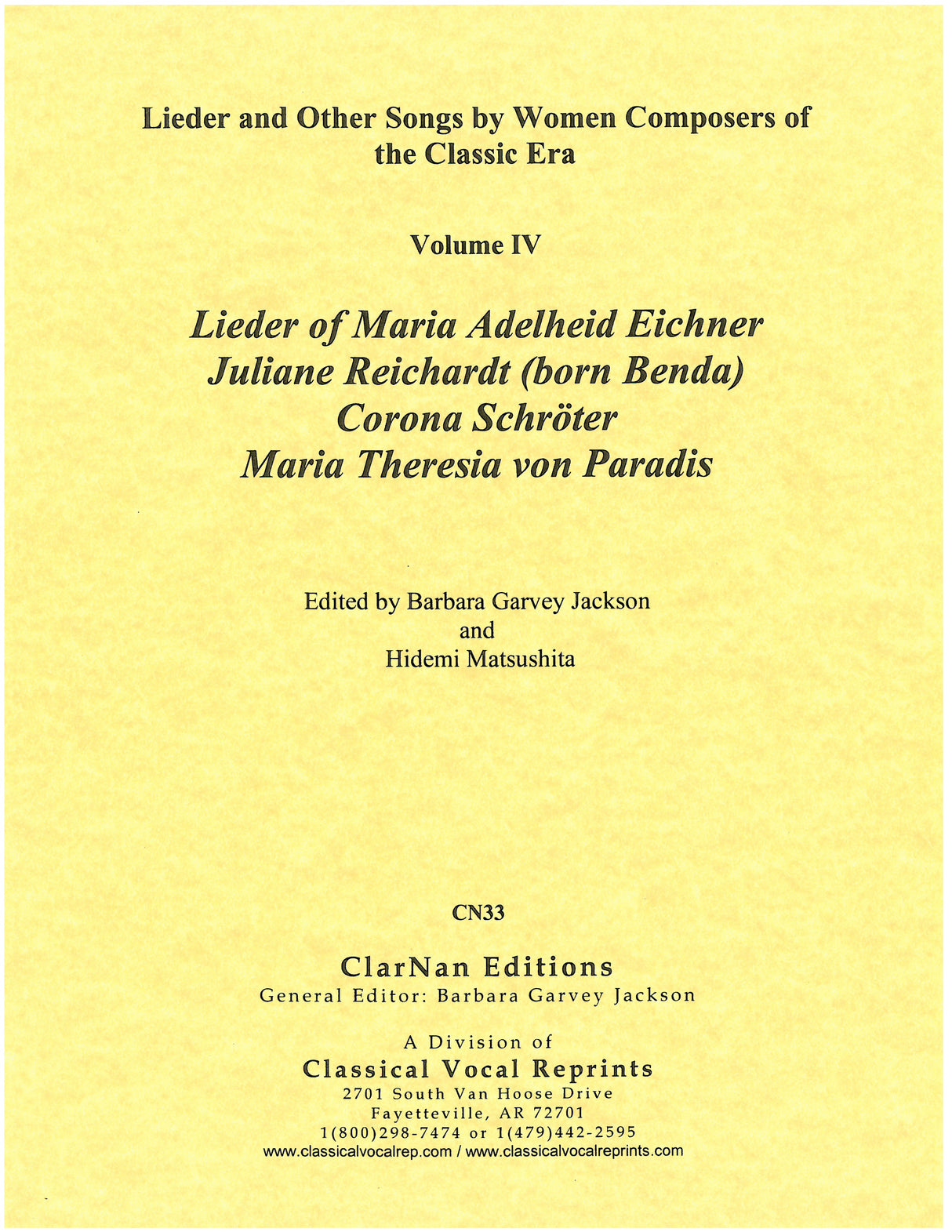 Lieder of Adelheid Maria Eichner, Juliane Reichartdt, Corona Schröter and Maria Theresia von Paradis