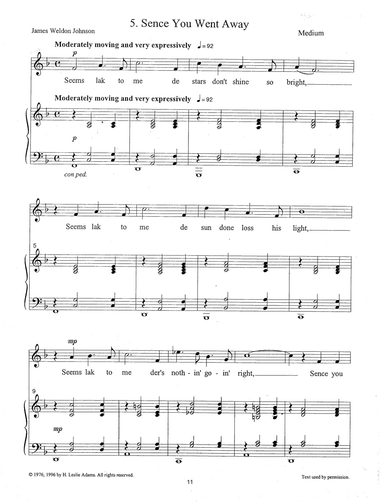 H.L. Adams: Sence You Went Away (arr. for voice & piano)