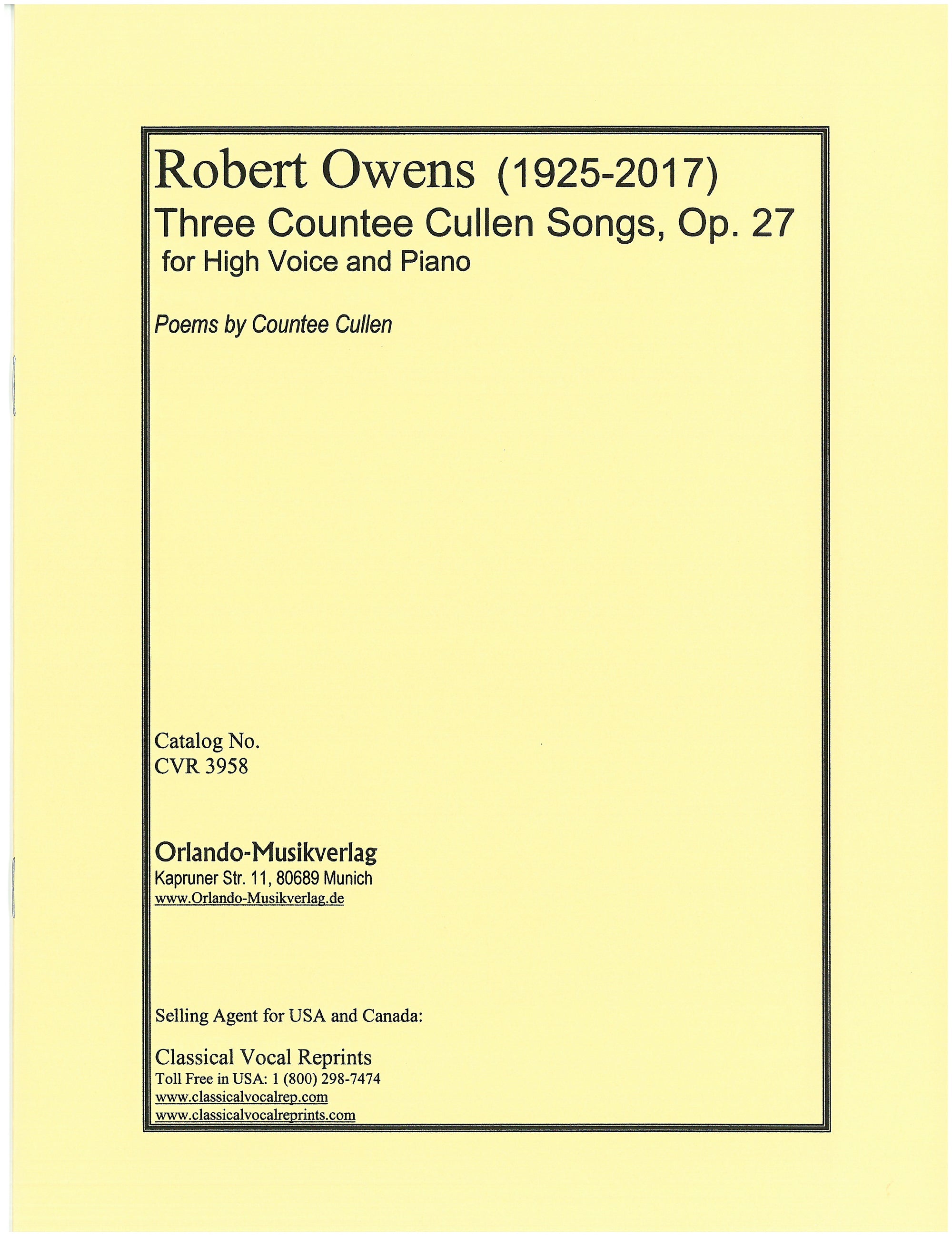 Owens: 3 Countee Cullen Songs, Op. 27