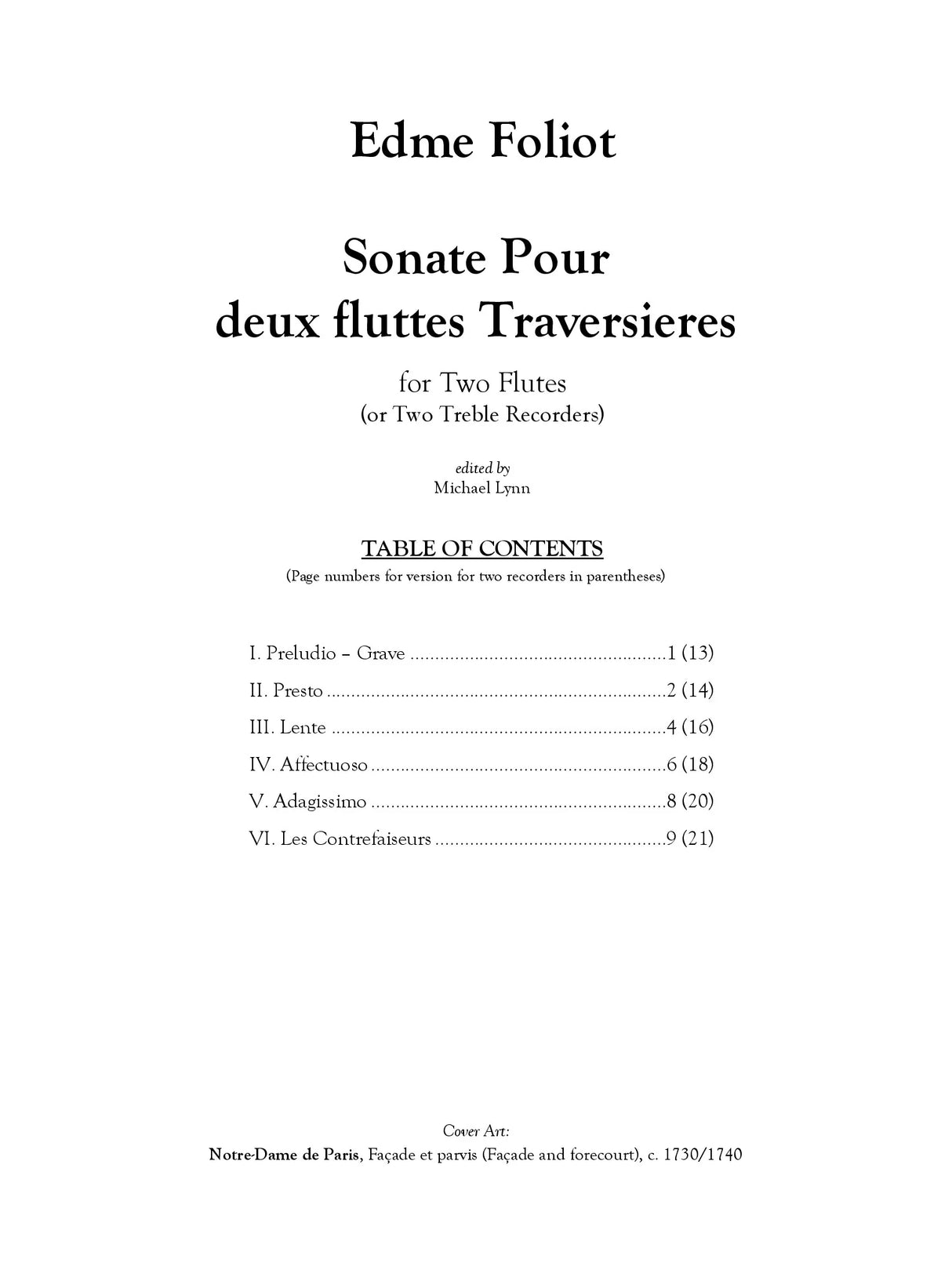 Foliot: Sonata for 2 Flutes (or Treble Recorders)