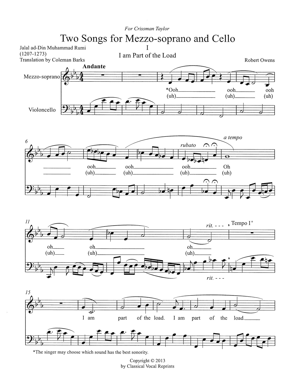 Owens: 2 Songs for Mezzo-Soprano & Cello, Op. 120