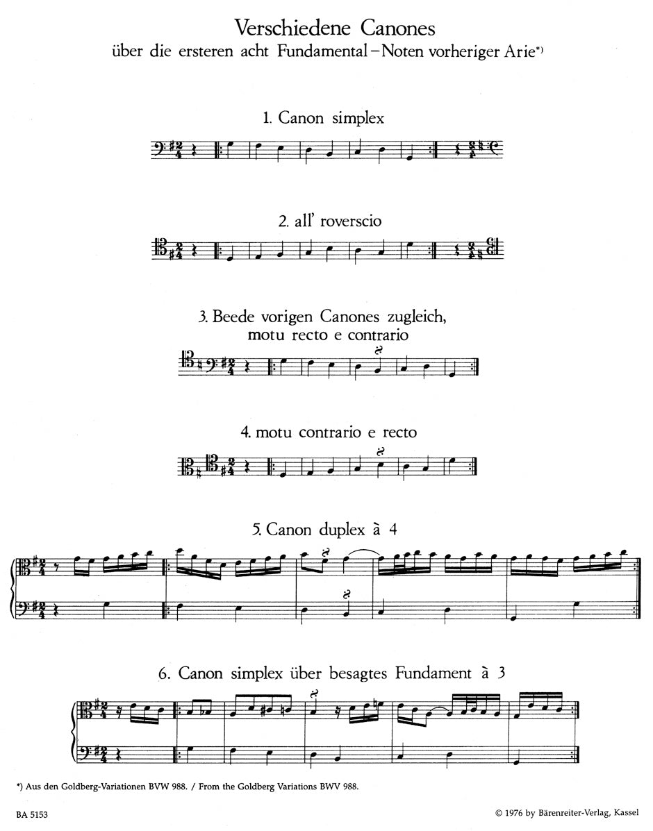 Bach: 14 Canons on the first eight notes of the Aria ground from the "Goldberg Variations," BWV 1087