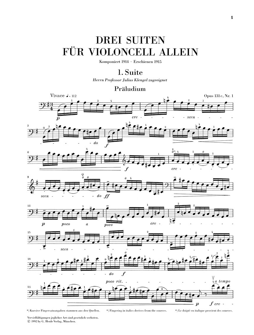 Reger: 3 Suites for Cello Solo, Op. 131c