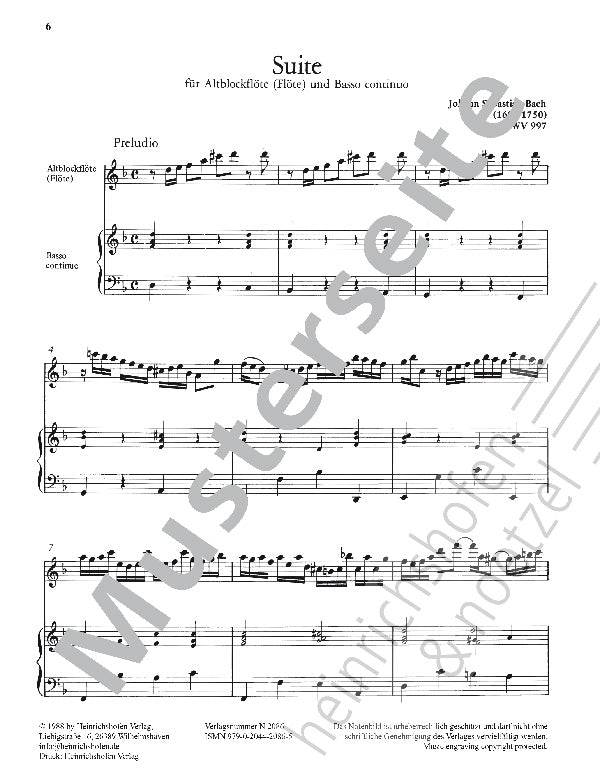 Bach: Suite, BWV 997 (arr. for recorder & basso continuo)