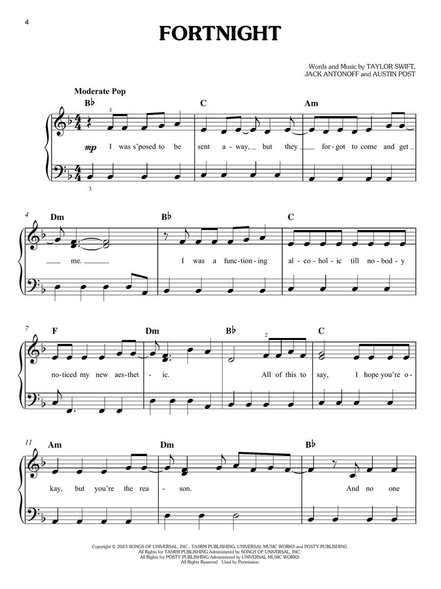 Taylor Swift – The Tortured Poets Department (arr. for easy piano)