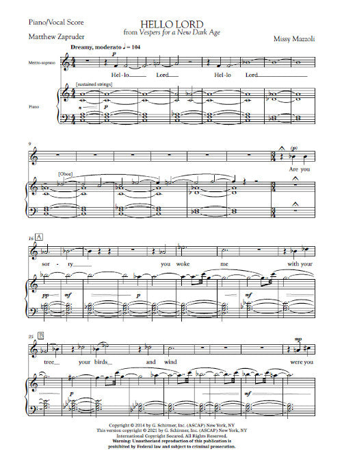 Mazzoli: Hello Lord (arr. for mezzo & piano)