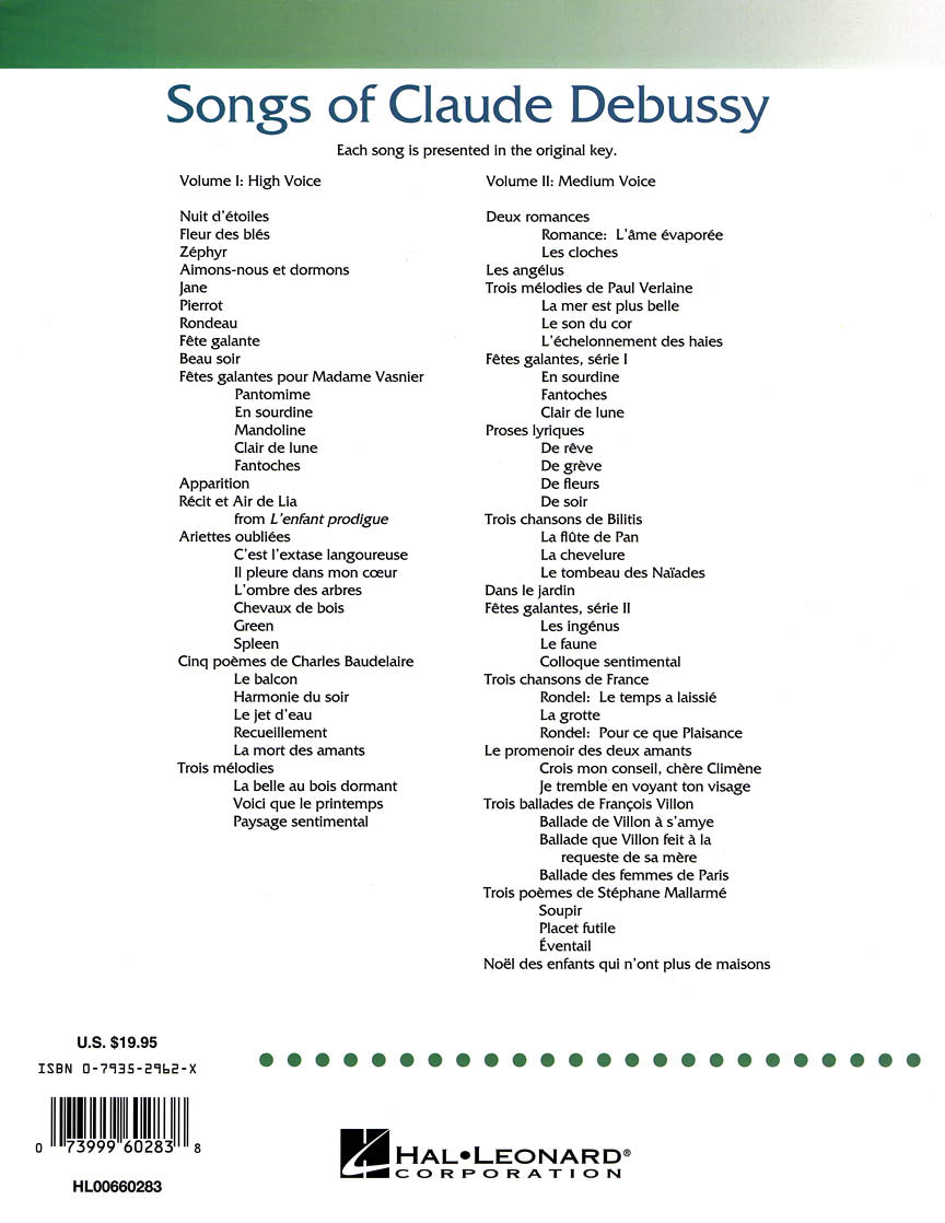 Songs of Claude Debussy – Volume 2 (Medium Voice)