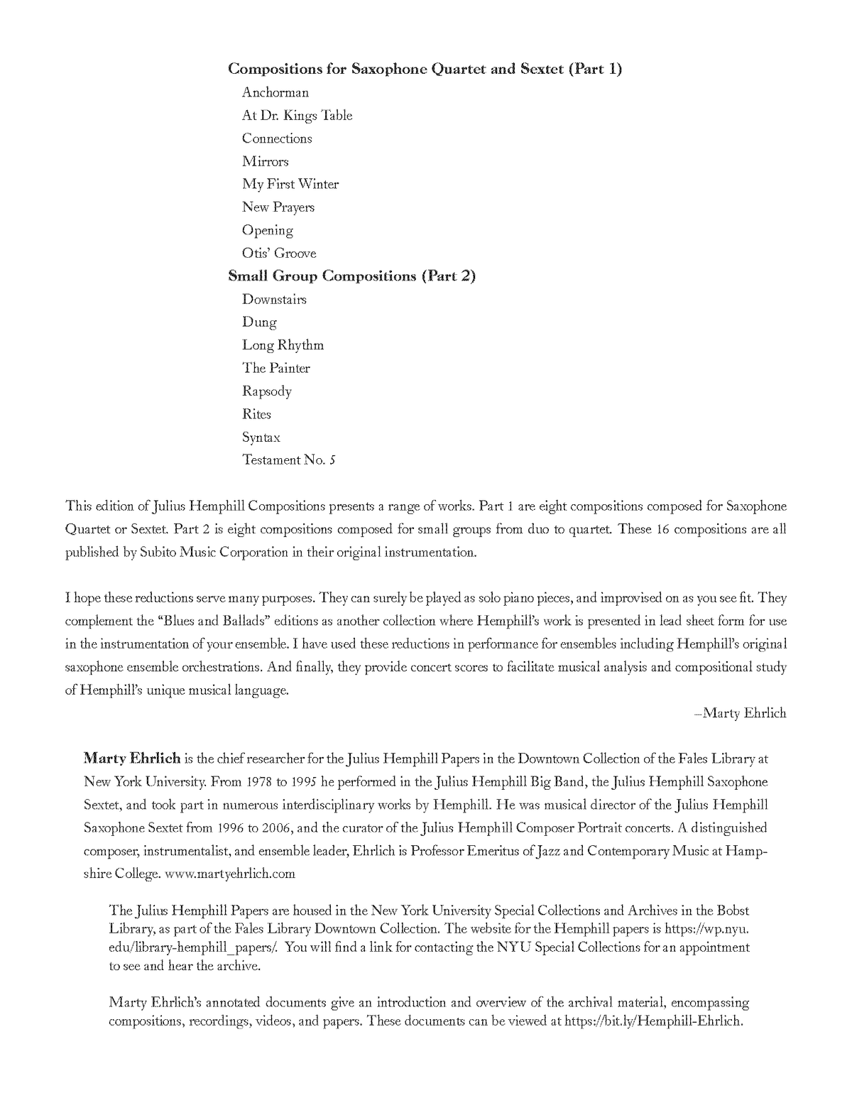Hemphill: 16 Compositions in Piano Reduction