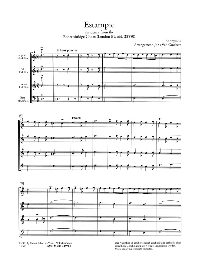 Anonymous: Estampie from 'Robertsbridge Codex' (arr. for recorder quartet)