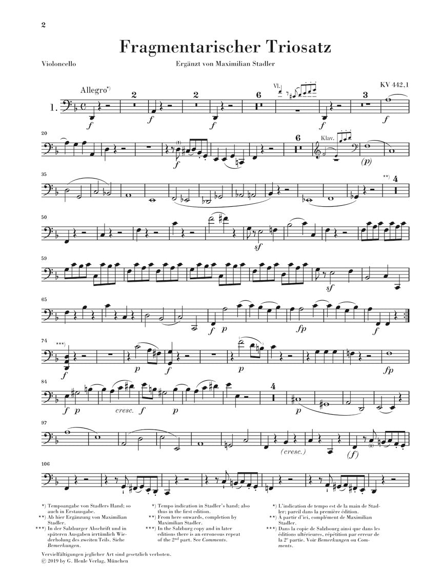 Mozart: Three Movements for Piano Trio, Fragments K. 442