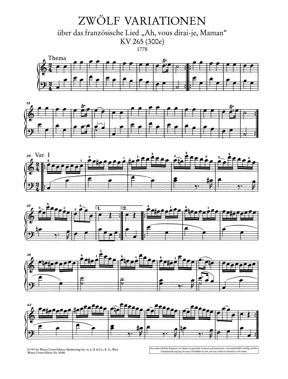 Mozart: 12 Variations on "Ah Vous Dirai-Je, Maman", K. 265 (300e)
