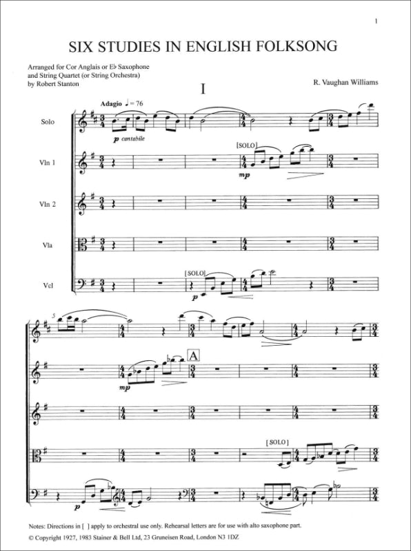 Vaughan Williams: 6 Studies in English Folk Song (arr. for english horn and string quartet)