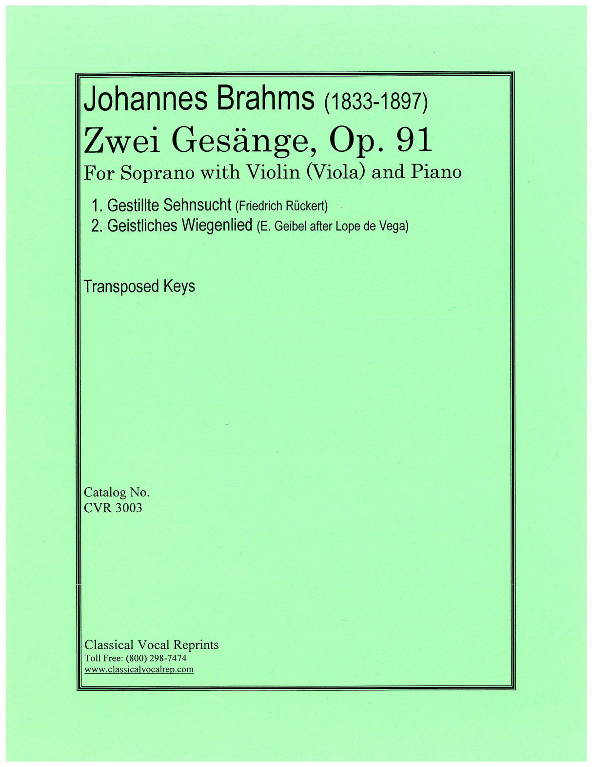 Brahms: 2 Gesänge, Op. 91 (for soprano)
