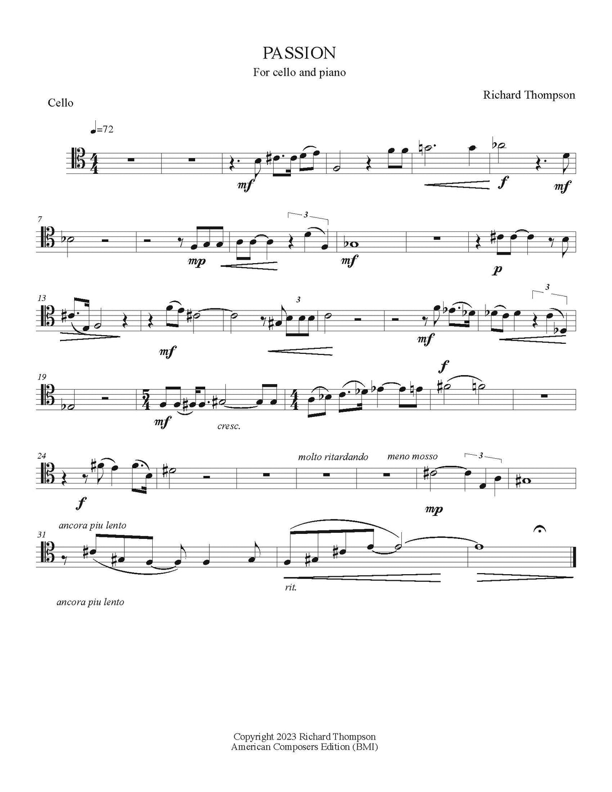 Thompson: Songs of Passion (Version for Cello & Piano)