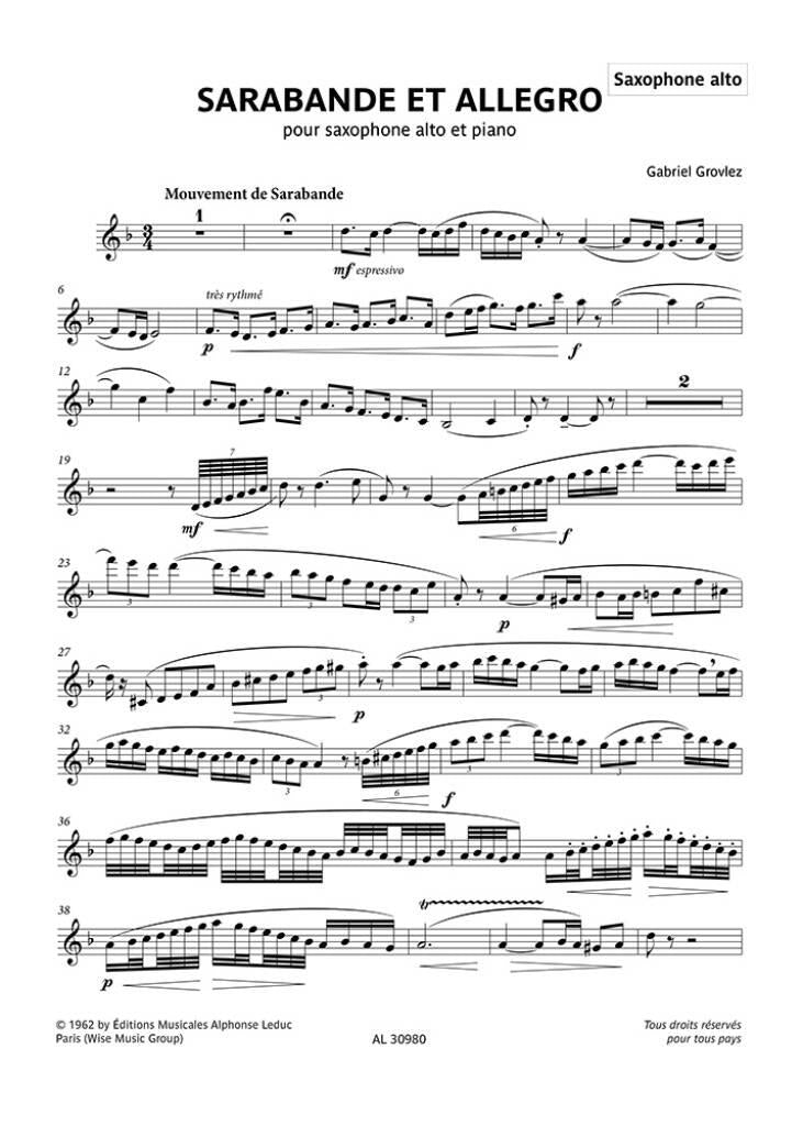 Grovlez: Sarabande et allegro (arr. for alto sax) – Ficks Music