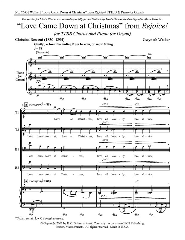 Gw. Walker: Love Came Down at Christmas (Version for TTBB Choir)