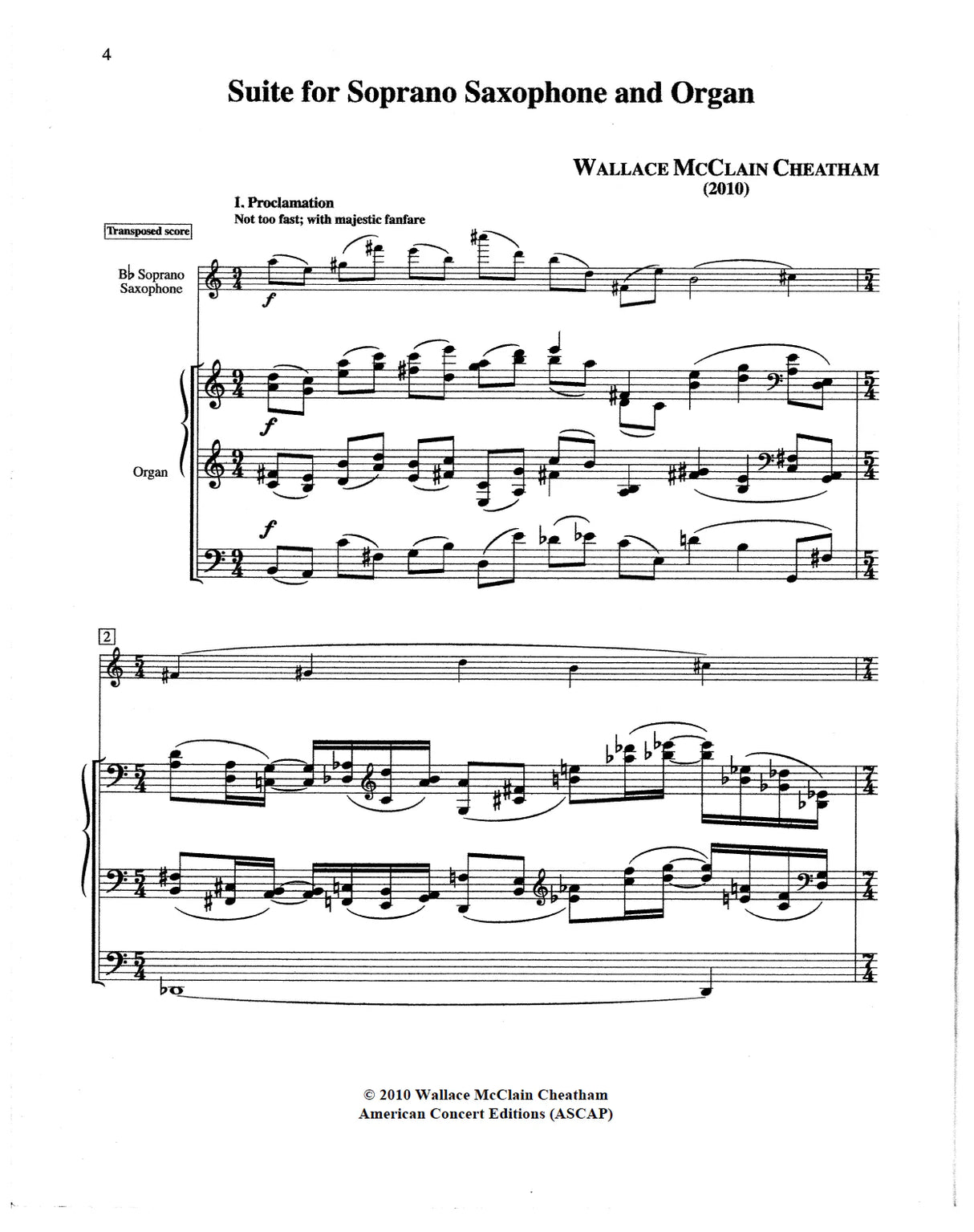 Cheatham: Suite for Soprano Saxophone and Organ