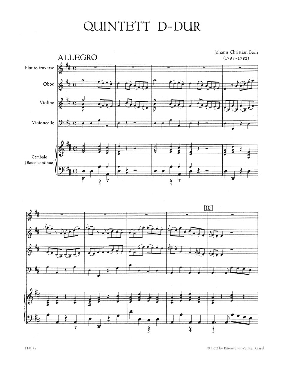 J. C. Bach: Quintet in D Major for Flute, Oboe, Violin, Cello and Harpsichord