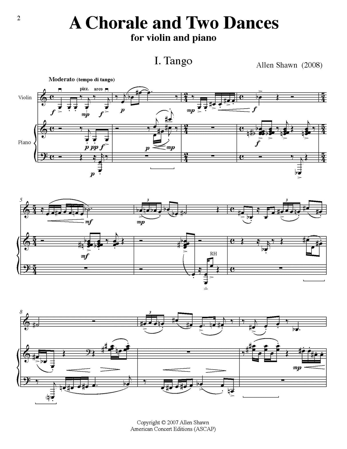 Shawn: A Chorale and Two Dances (Version for Violin & Piano)